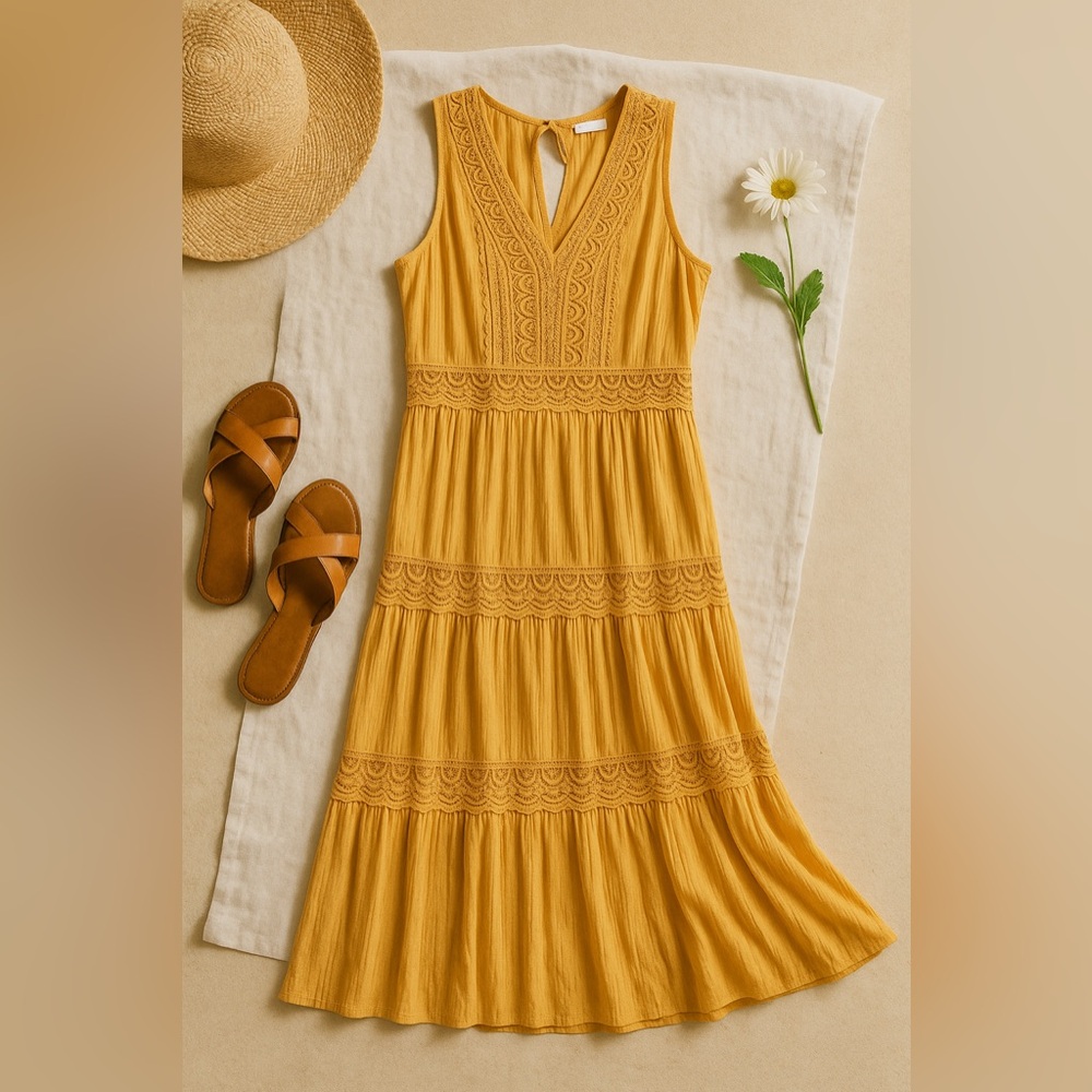 New York & Company Mustard Yellow Lace Trim Maxi Dress Size Medium